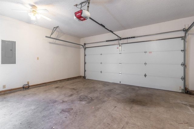 garage with electric panel and a garage door opener