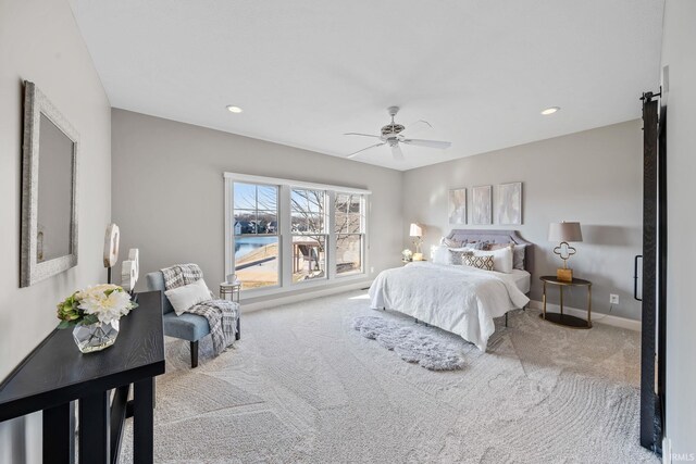 carpeted bedroom with recessed lighting, baseboards, and ceiling fan