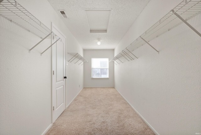 spacious closet with attic access and carpet floors