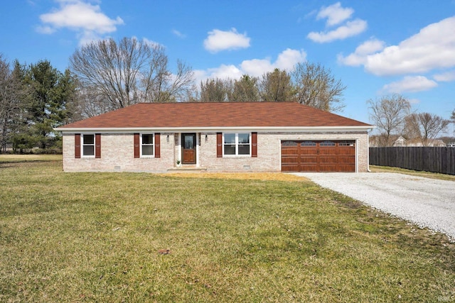 ranch-style home featuring brick siding, gravel driveway, a front lawn, fence, and crawl space