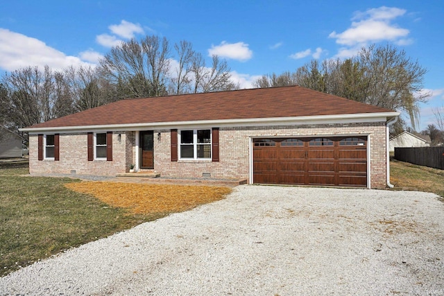 single story home with crawl space, gravel driveway, and brick siding