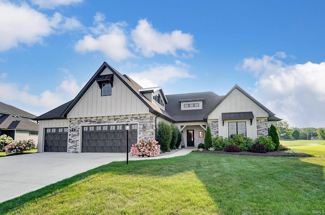 modern inspired farmhouse with board and batten siding, a front lawn, concrete driveway, roof with shingles, and stone siding