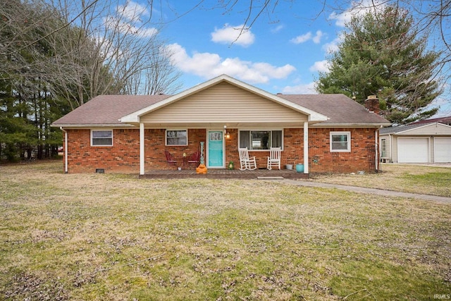 ranch-style house with a front yard, an outbuilding, a porch, crawl space, and brick siding