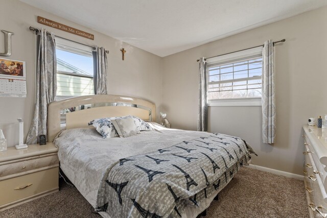 carpeted bedroom with baseboards and multiple windows