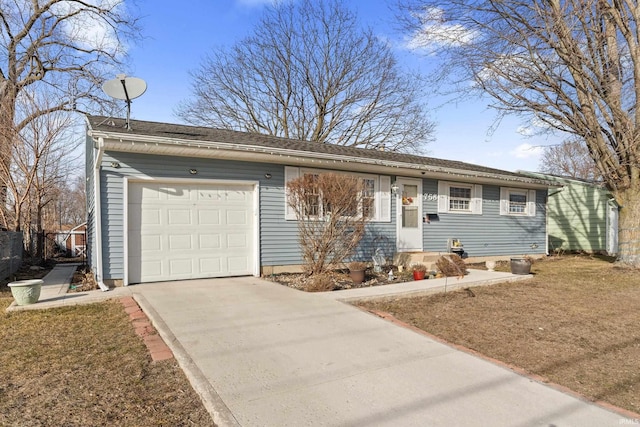 ranch-style house featuring concrete driveway, fence, and a garage