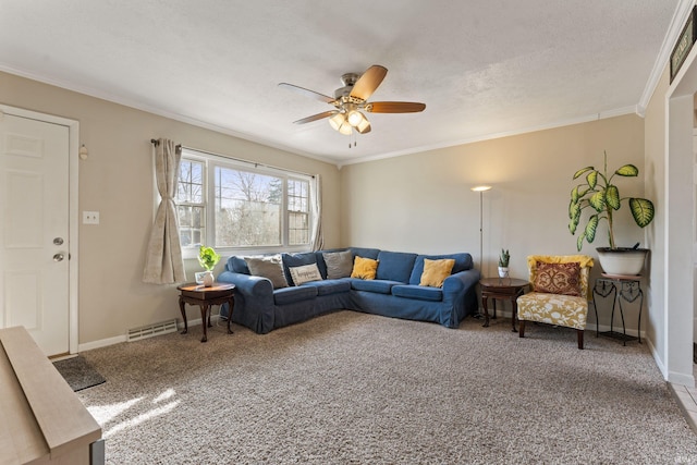 living area featuring visible vents, crown molding, carpet floors, a textured ceiling, and a ceiling fan