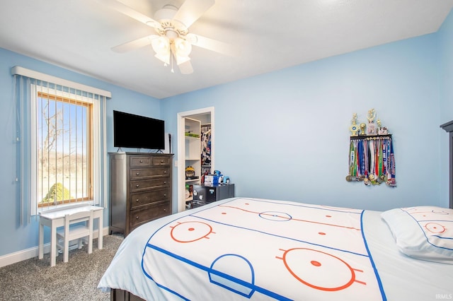 bedroom with a walk in closet, a closet, carpet flooring, baseboards, and ceiling fan