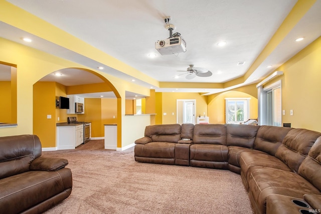 living room featuring visible vents, recessed lighting, baseboards, and carpet floors