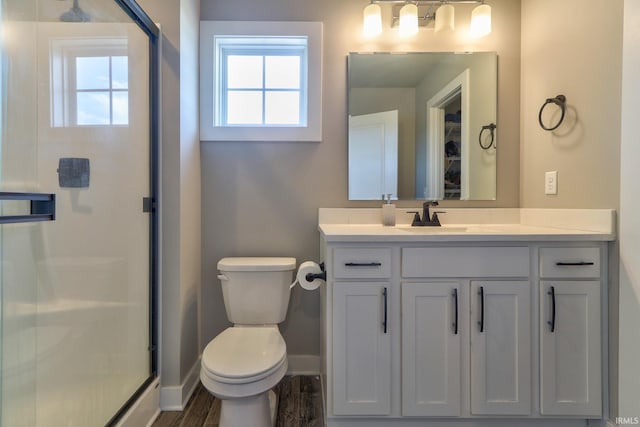 full bathroom with vanity, a shower stall, toilet, and a wealth of natural light