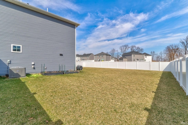 view of yard with central AC unit and a fenced backyard