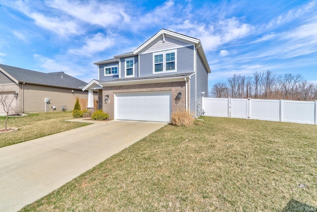 view of front of property with a front yard, fence, an attached garage, concrete driveway, and brick siding