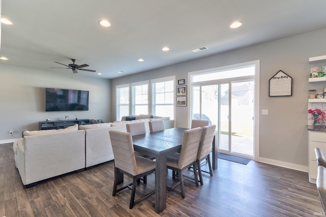 dining space with visible vents, recessed lighting, baseboards, and dark wood-style flooring