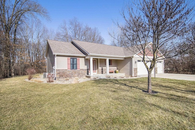 single story home featuring driveway, stone siding, a porch, a front yard, and a garage