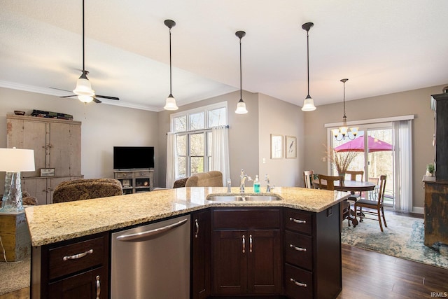 kitchen with dark wood-type flooring, light stone countertops, dark brown cabinetry, dishwasher, and a sink