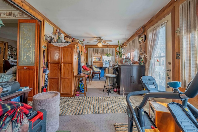 living area with ceiling fan