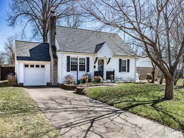 view of front of home featuring driveway, a front lawn, roof with shingles, an attached garage, and a chimney