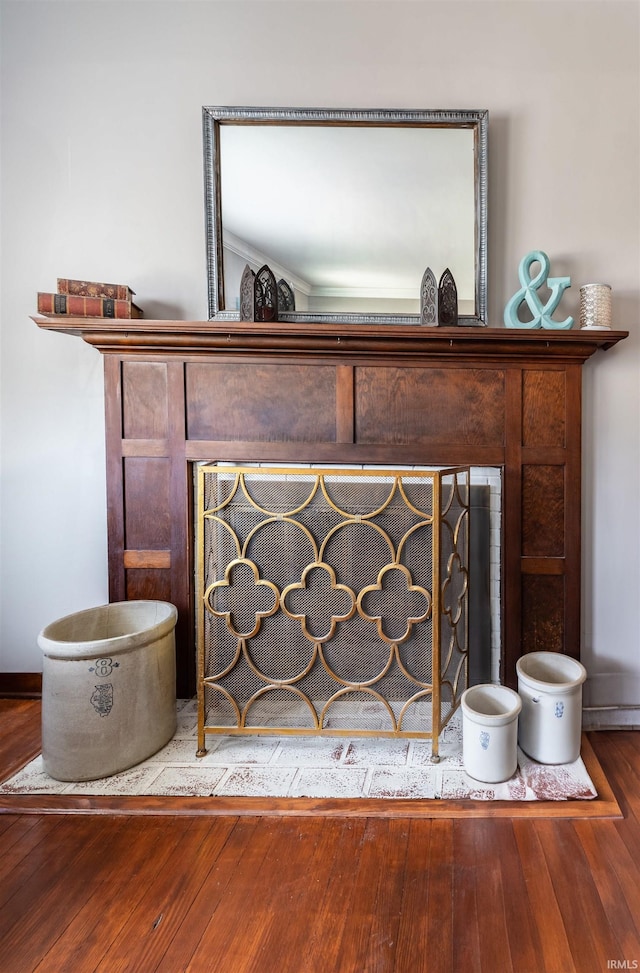 details with a fireplace and wood finished floors