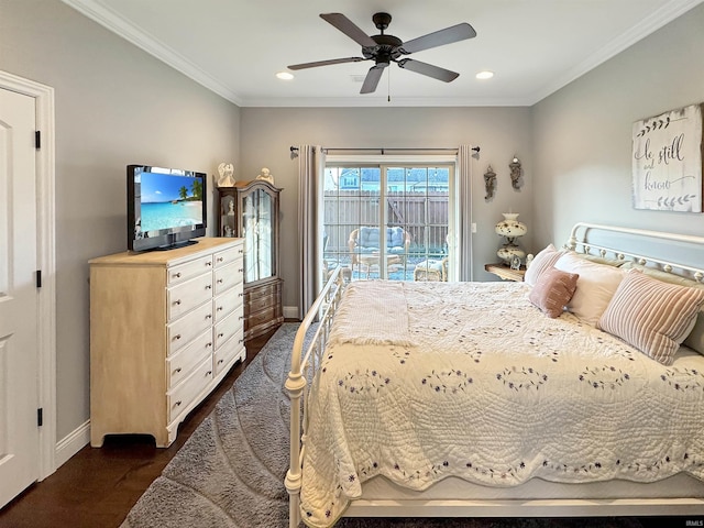 bedroom featuring baseboards, dark wood finished floors, ceiling fan, ornamental molding, and access to outside