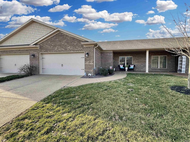 ranch-style home featuring driveway, brick siding, an attached garage, and a front lawn