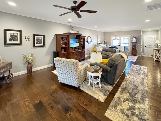 living area featuring visible vents, crown molding, baseboards, dark wood finished floors, and recessed lighting