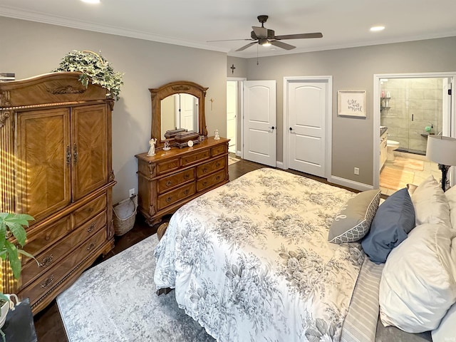 bedroom featuring ornamental molding, recessed lighting, ensuite bathroom, wood finished floors, and a ceiling fan