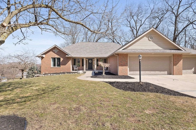 ranch-style house with a front yard, driveway, roof with shingles, a garage, and brick siding