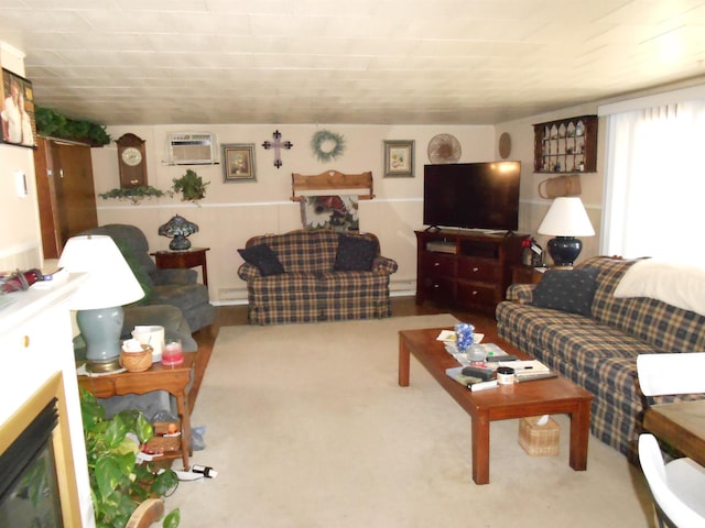 living room featuring a wall mounted air conditioner, baseboard heating, and a fireplace