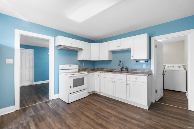 kitchen with under cabinet range hood, white electric range oven, washer / clothes dryer, white cabinetry, and a sink