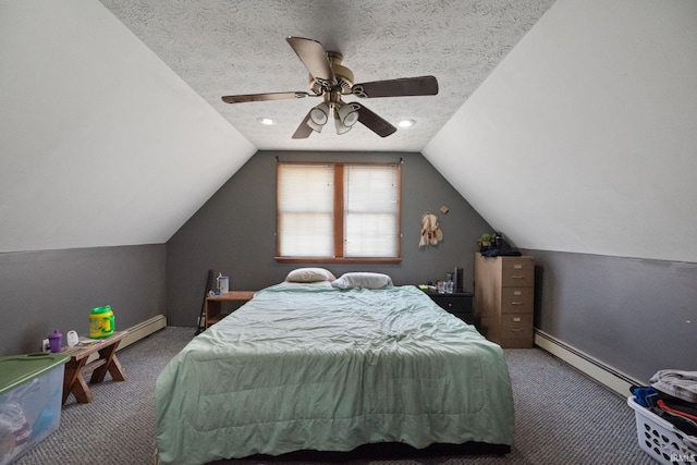 bedroom with a baseboard radiator, a textured ceiling, ceiling fan, and carpet flooring