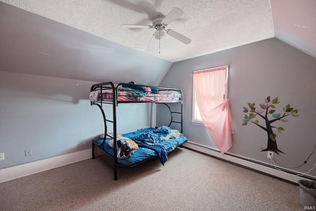 carpeted bedroom with a ceiling fan, a baseboard heating unit, a textured ceiling, baseboards, and lofted ceiling