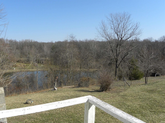 view of yard with a wooded view and a water view