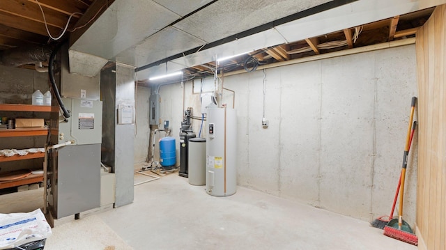 unfinished basement featuring electric panel and water heater