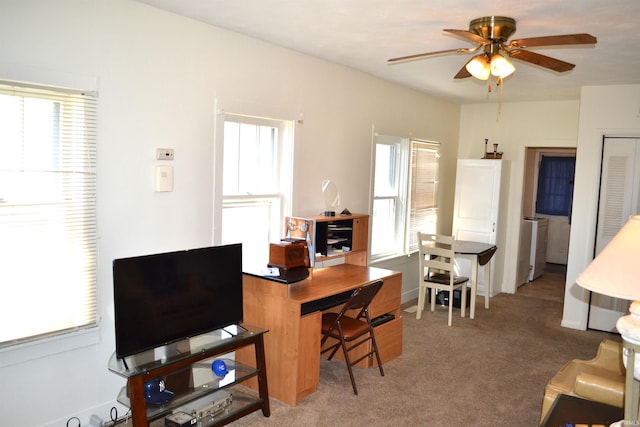 home office with plenty of natural light, carpet floors, and ceiling fan