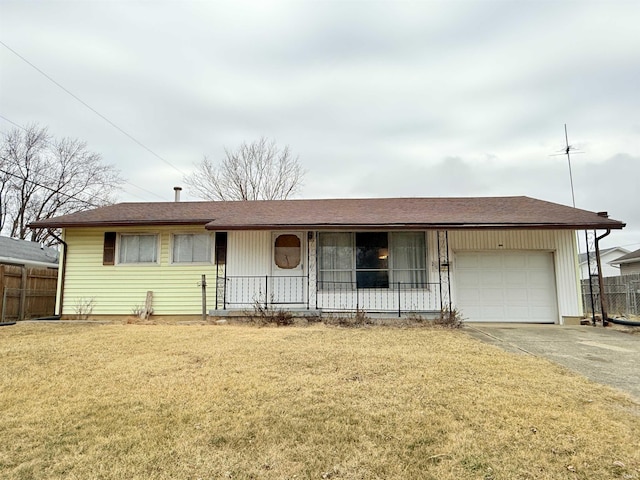 ranch-style home featuring fence, driveway, a porch, an attached garage, and a front lawn