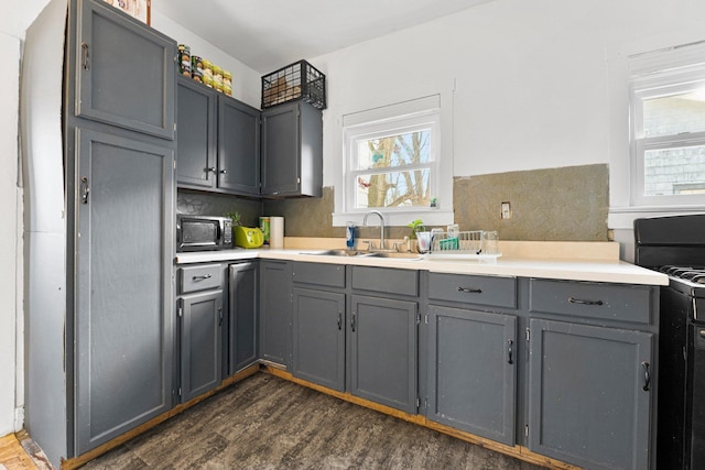 kitchen featuring black appliances, gray cabinetry, a healthy amount of sunlight, and a sink