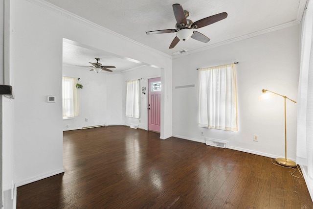 unfurnished living room featuring visible vents, crown molding, and wood-type flooring