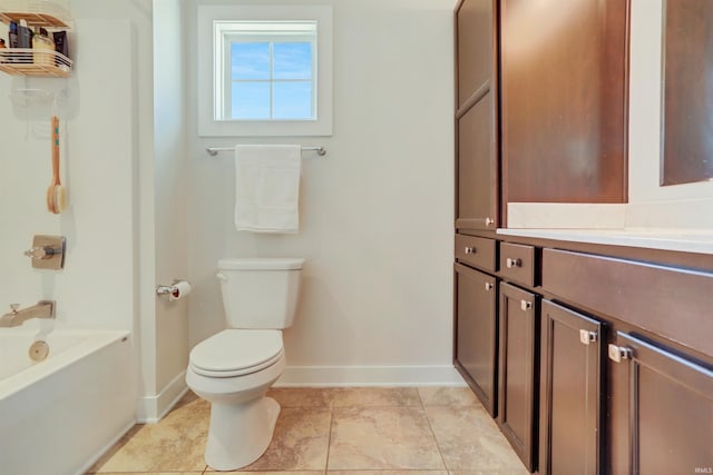 full bath with baseboards, toilet, shower / bathtub combination, tile patterned floors, and vanity