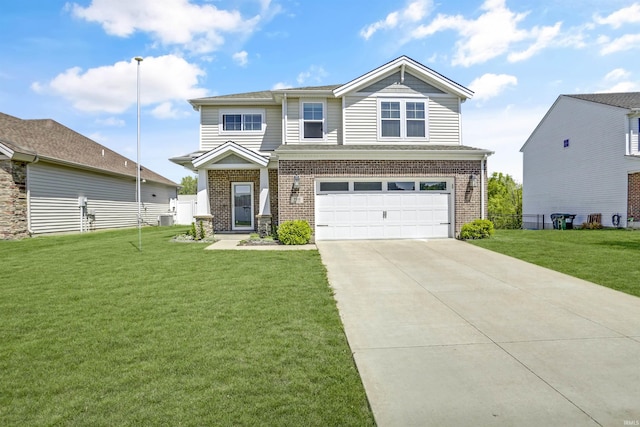 view of front of house with brick siding, an attached garage, concrete driveway, and a front lawn