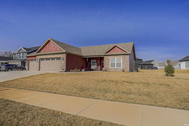 craftsman inspired home with a garage, stone siding, concrete driveway, and a front yard