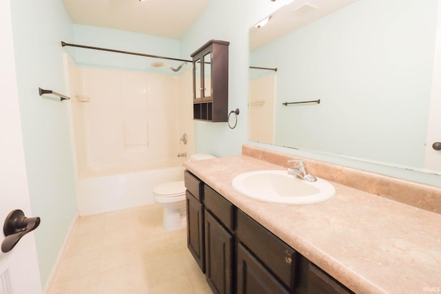 bathroom featuring vanity, baseboards, visible vents, shower / bathing tub combination, and toilet