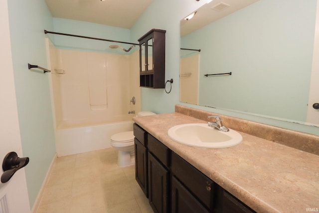 bathroom with vanity, visible vents, baseboards, bathtub / shower combination, and toilet