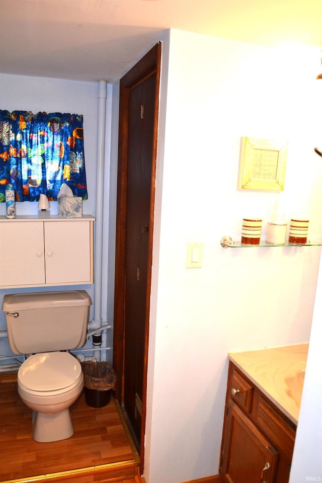 bathroom with toilet, vanity, and wood finished floors