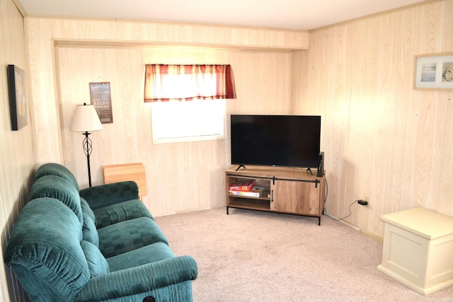 carpeted living area featuring wooden walls