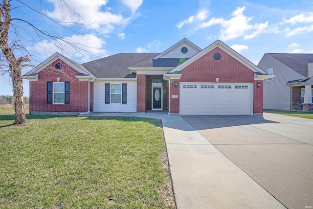 view of front facade featuring concrete driveway, brick siding, a garage, and a front lawn