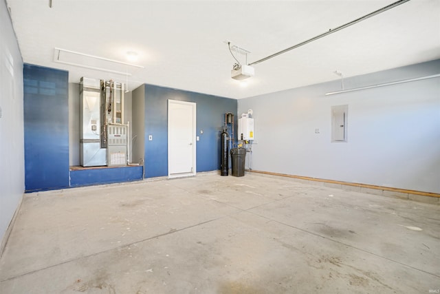 garage featuring electric panel, a garage door opener, and water heater