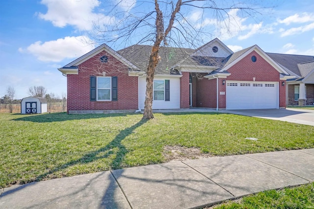 ranch-style house featuring a shed, an attached garage, concrete driveway, a front lawn, and brick siding