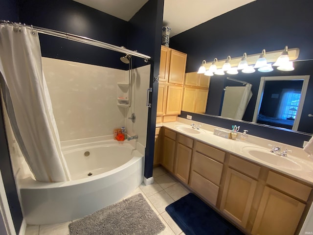 bathroom with tile patterned flooring, shower / bathtub combination with curtain, double vanity, and a sink