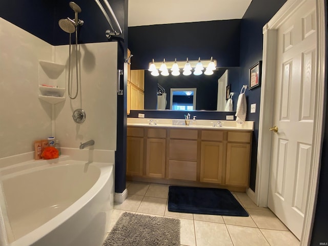 full bath featuring tile patterned floors, double vanity, bathing tub / shower combination, and a sink