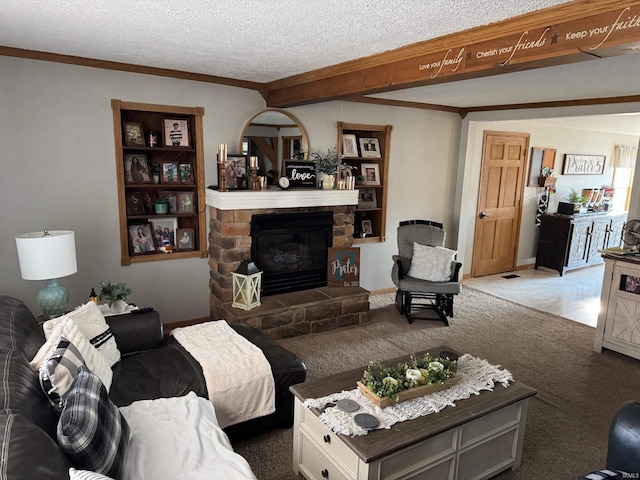 carpeted living room featuring a textured ceiling, ornamental molding, and a fireplace