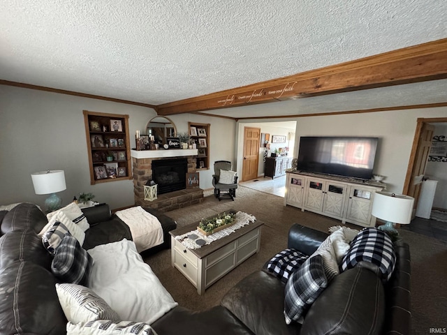 living room featuring a stone fireplace, crown molding, carpet floors, and a textured ceiling